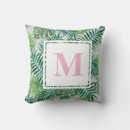 Tropische palmbladeren | Roze monogram Kussen