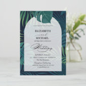 Tropische Palmbladeren Script Bruiloft Kaart (Staand voorkant)