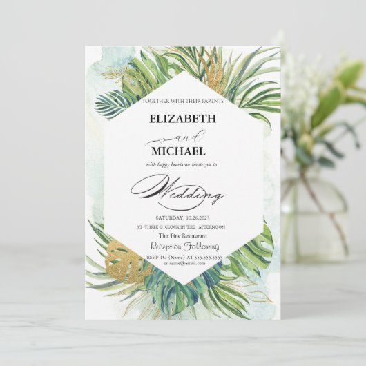Tropische palmbladeren Script zomer bruiloft Kaart (Staand voorkant)