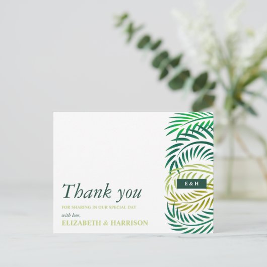 Tropische palmbladeren, strand bruiloft dank u briefkaart (Staand voorkant)