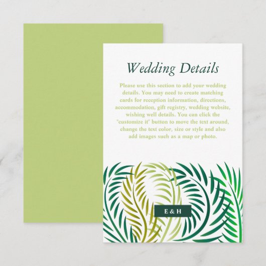 Tropische palmbladeren, strand bruiloft detail informatiekaartje (Voorkant / Achterkant)