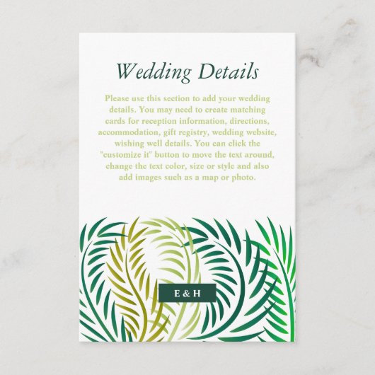 Tropische palmbladeren, strand bruiloft detail informatiekaartje (Voorkant)