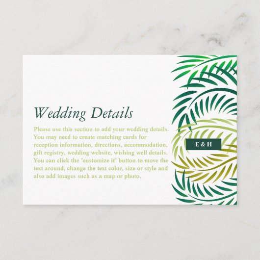 Tropische palmbladeren, strand bruiloft detail informatiekaartje (Voorkant)