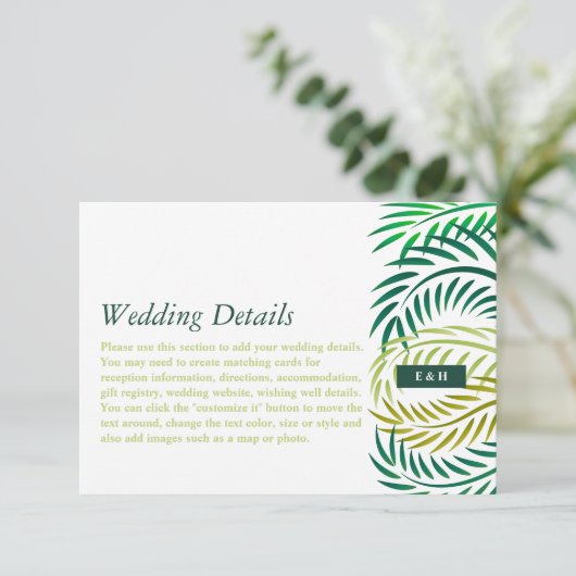 Tropische palmbladeren, strand bruiloft detail informatiekaartje (Staand voorkant)