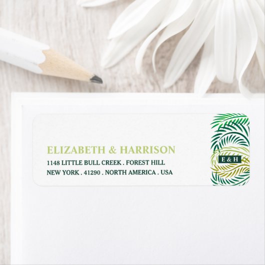 Tropische palmbladeren, strand bruiloft etiket (Insitu)