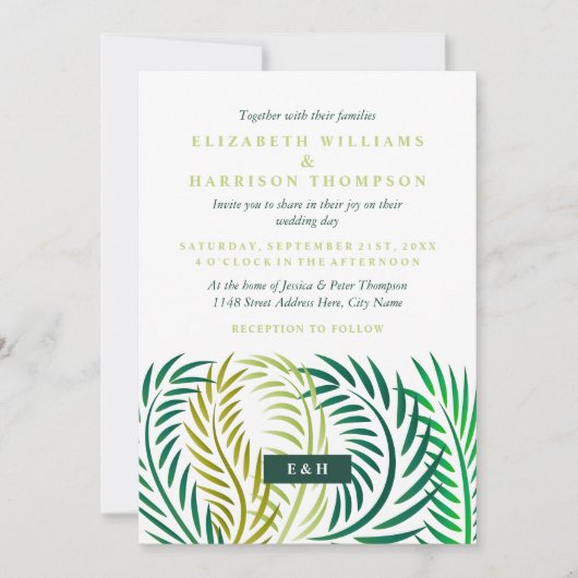 Tropische palmbladeren, strand bruiloft kaart (Voorkant)
