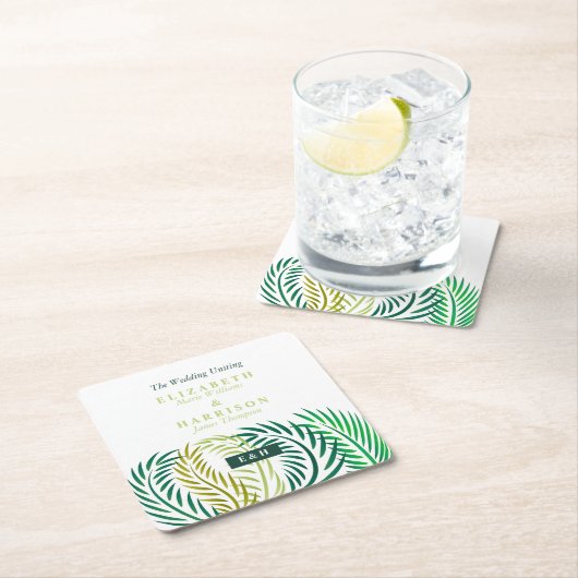 Tropische palmbladeren, strand bruiloft kartonnen onderzetters (Insitu)