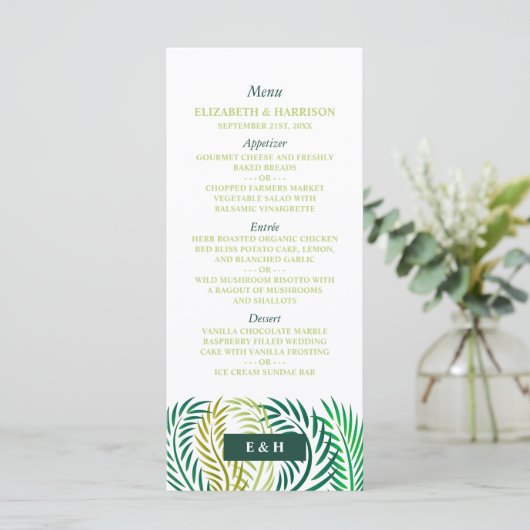 Tropische palmbladeren, strand bruiloft menu (Staand voorkant)