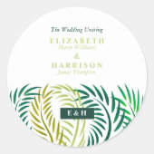 Tropische palmbladeren, strand bruiloft ronde sticker (Voorkant)
