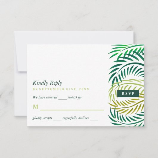 Tropische palmbladeren, strand bruiloft RSVP kaartje (Voorkant)