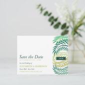 Tropische palmbladeren, strand bruiloft Save the D Briefkaart (Staand voorkant)