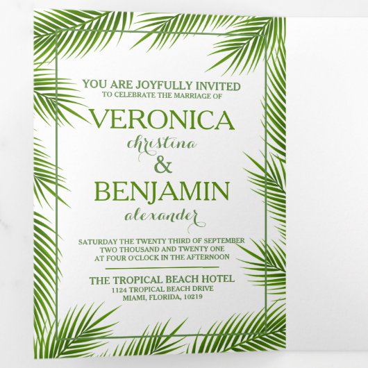 Tropische palmbladeren strand bruiloft suite drieluik uitnodiging (Binnenzijde eerst)