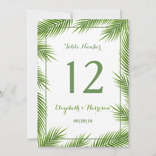 Tropische Palmbladeren Strand Bruiloft Tafel Numme Kaart (Achterkant)