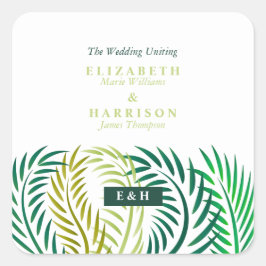 Tropische palmbladeren, strand bruiloft vierkante sticker