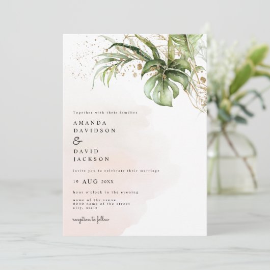 Tropische palmbladeren stranden gouden bruiloft kaart (Staand voorkant)