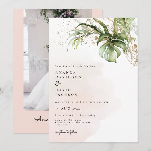 Tropische palmbladeren stranden gouden bruiloft kaart (Voorkant / Achterkant)