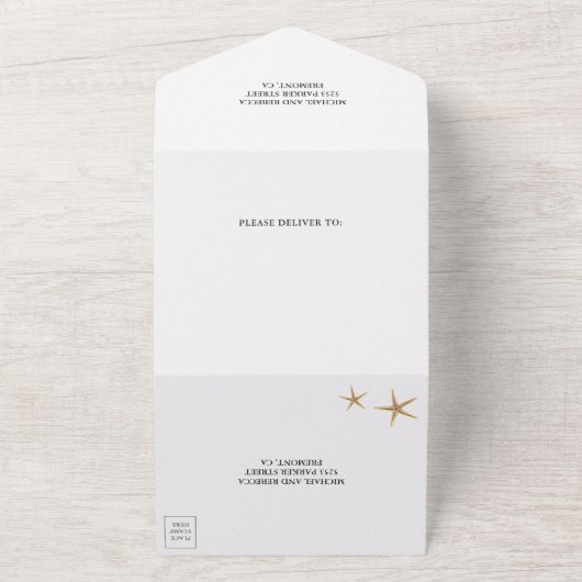 Tropische palmbladeren strandlameters bruiloft all in one uitnodiging (Buitenkant)