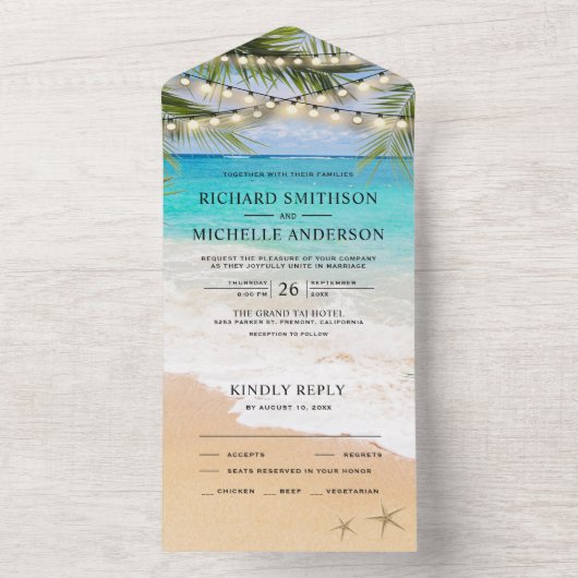 Tropische palmbladeren strandlameters bruiloft all in one uitnodiging (Binnen)