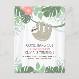 Tropische palmbladeren van de Cute Sloth Birthday Briefkaart