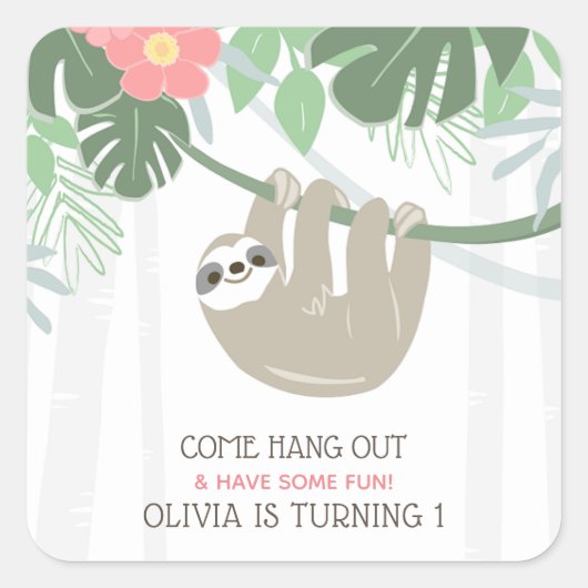 Tropische palmbladeren van de Cute Sloth Birthday Vierkante Sticker (Voorkant)