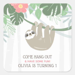Tropische palmbladeren van de Cute Sloth Birthday Vierkante Sticker