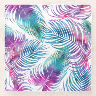 Tropische palmbladeren, waterverf bloemmotief. glazen onderzetter