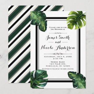 Tropische palmbladeren White Green Black Wedding Kaart