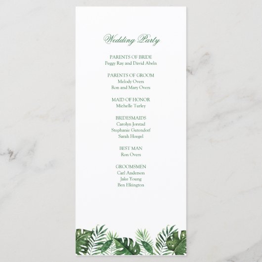 Tropische palmbladprogramma's programmakaart (Achterkant)