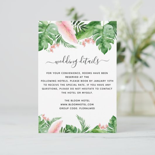 Tropische palmbloem Waterverf bruiloft details Kaart (Staand voorkant)