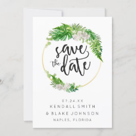 Tropische palmbloemen en groen blad krans save the date