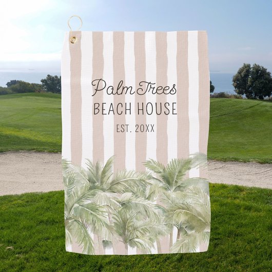 Tropische palmbomen Beige Stripes Beach House Golfhanddoek