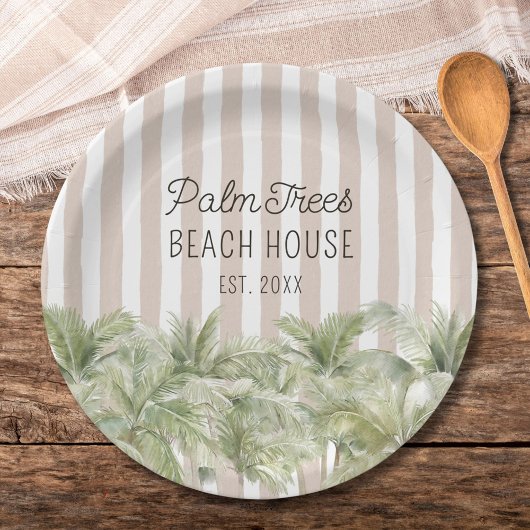 Tropische palmbomen Beige Stripes Beach House Papieren Bordje