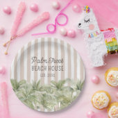 Tropische palmbomen Beige Stripes Beach House Papieren Bordje (Feest)
