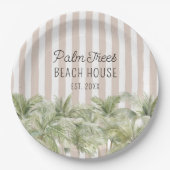 Tropische palmbomen Beige Stripes Beach House Papieren Bordje (Voorkant)