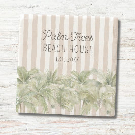Tropische palmbomen Beige Stripes Beach House Stenen Onderzetter