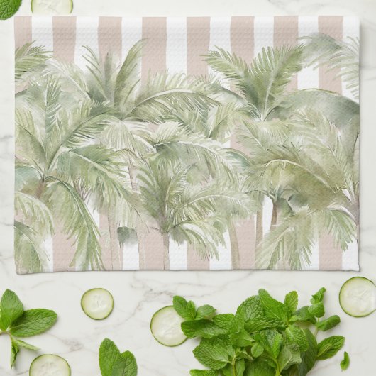 Tropische palmbomen Beige Stripes Beach House Theedoek (Gevouwen)