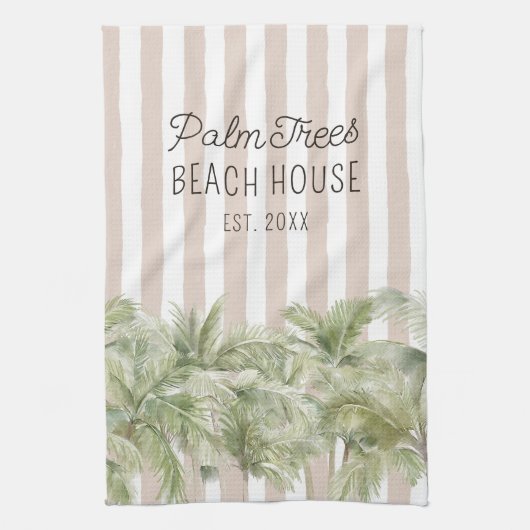 Tropische palmbomen Beige Stripes Beach House Theedoek (Verticaal)