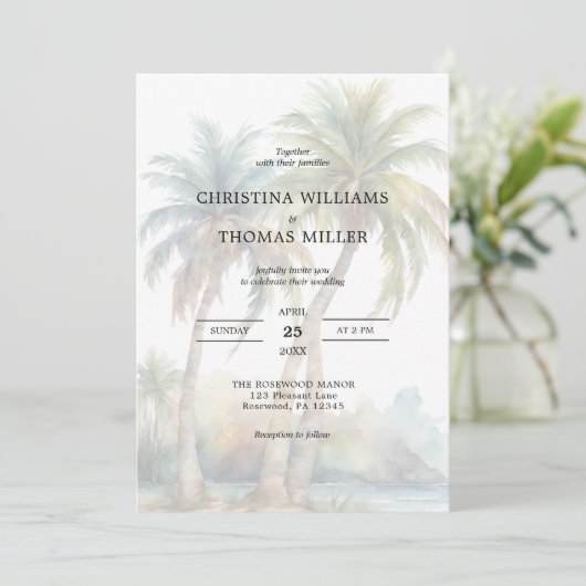 Tropische palmbomen bestemming bruiloft uitnodigin kaart (Staand voorkant)