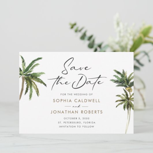 Tropische palmbomen bestemming huwelijk save the date (Staand voorkant)