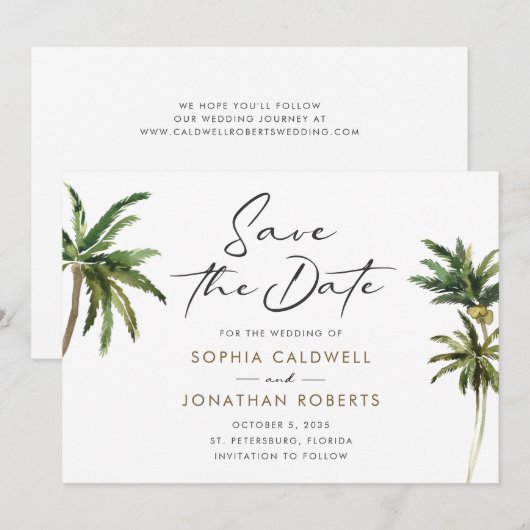Tropische palmbomen bestemming huwelijk save the date (Voorkant / Achterkant)