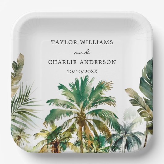 Tropische palmbomen bruiloft papieren bordje (Voorkant)