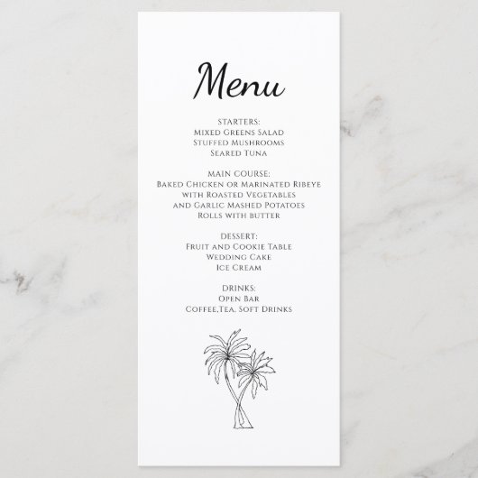 Tropische palmbomen bruiloft receptie diner menu (Voorkant)