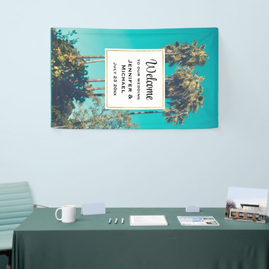 Tropische palmbomen California Retro Vibe Bruiloft Spandoek (Beurs)