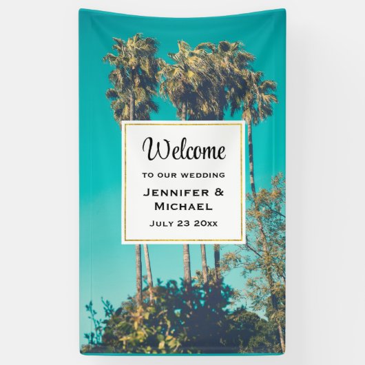 Tropische palmbomen California Retro Vibe Bruiloft Spandoek (Verticaal)
