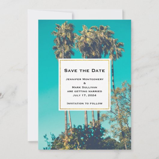 Tropische palmbomen Californië Retro bruiloft Save The Date (Voorkant)