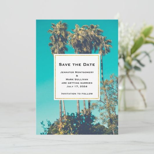 Tropische palmbomen Californië Retro bruiloft Save The Date (Staand voorkant)