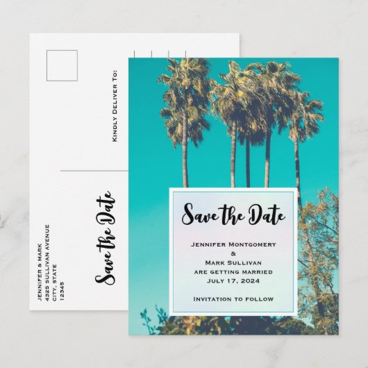 Tropische palmbomen Californië Save the Date Uitnodiging Briefkaart (Voorkant / Achterkant)
