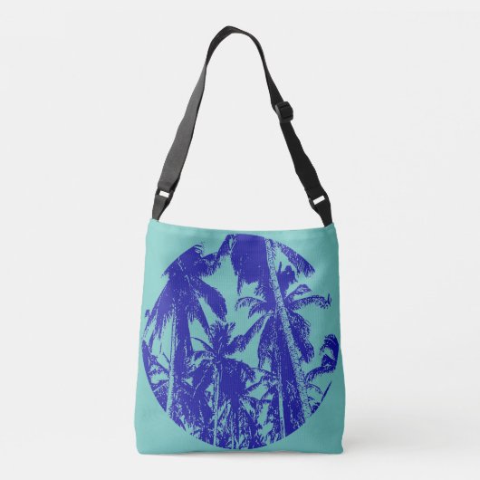 Tropische palmbomen cirkelvormig ontwerp in blauw crossbody tas (Achterkant)