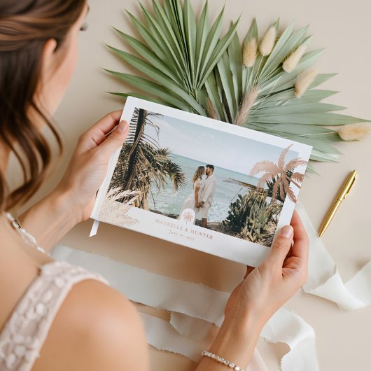 Tropische palmbomen Elegante trouwfoto Monogram Gastenboek