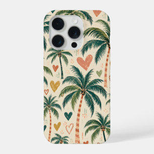 Tropische palmbomen en harten op roomkleur iPhone 15 pro case